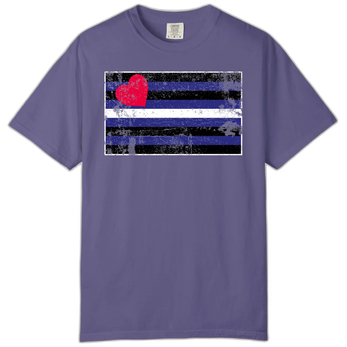 Red heart with blue, black, and white horizontal stripes in distressed grunge style pride design in Grape