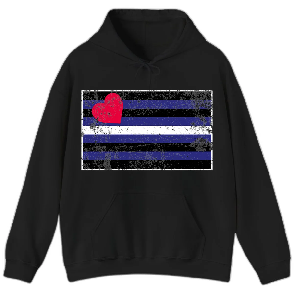 Red heart with blue, black, and white horizontal stripes in distressed grunge style pride design in Black