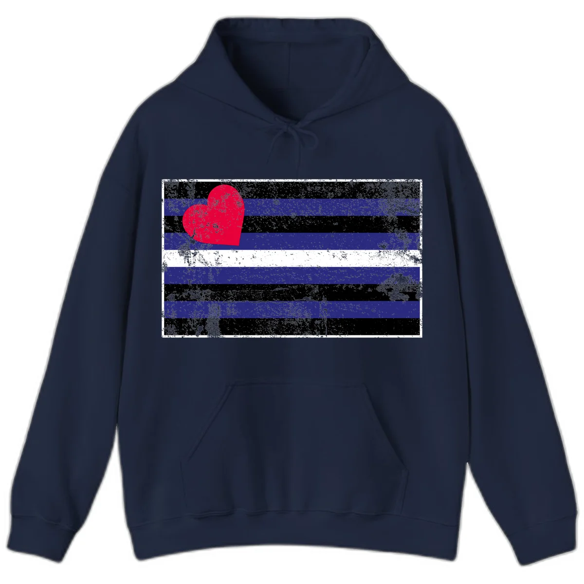 Red heart with blue, black, and white horizontal stripes in distressed grunge style pride design in Navy