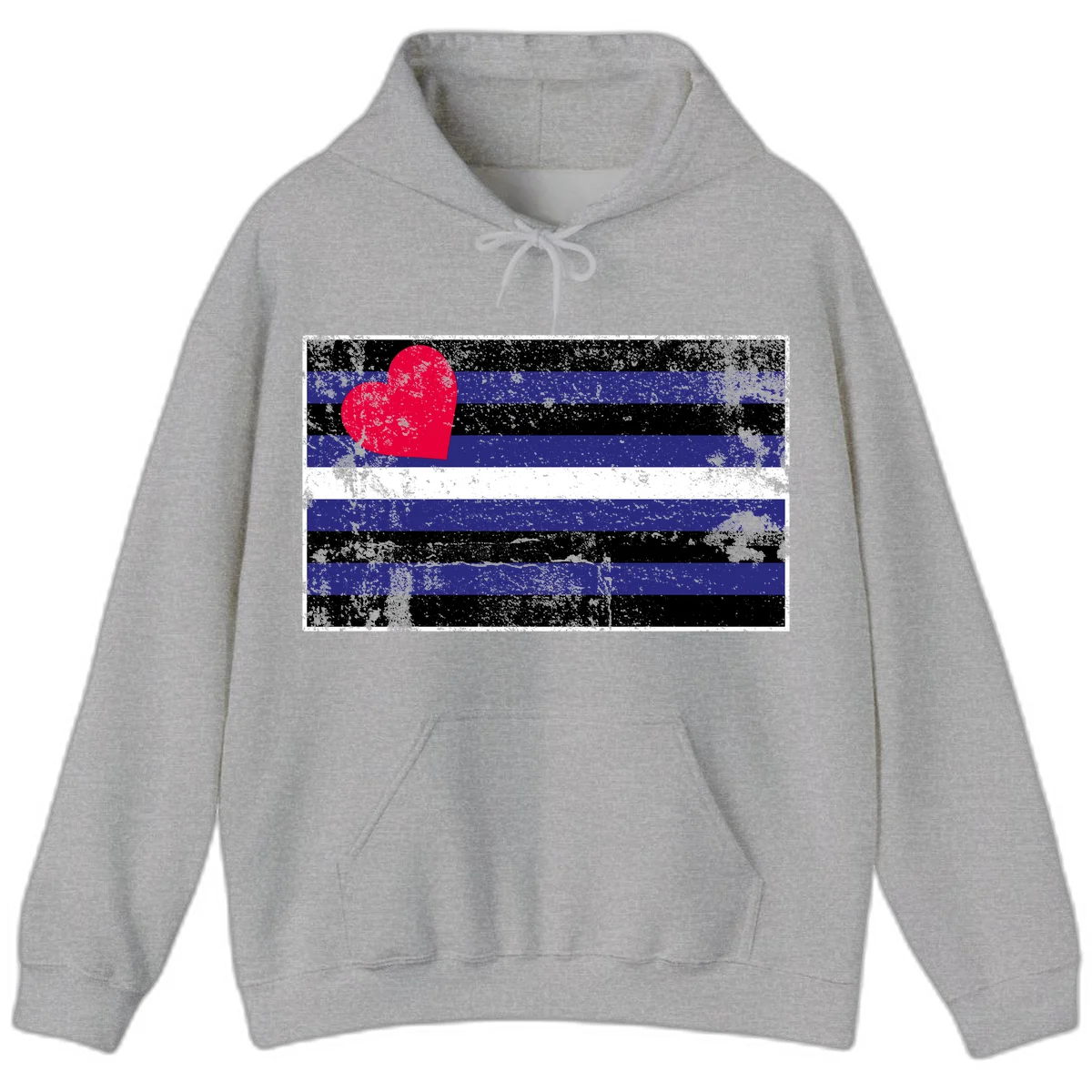 Red heart with blue, black, and white horizontal stripes in distressed grunge style pride design in Sport Grey