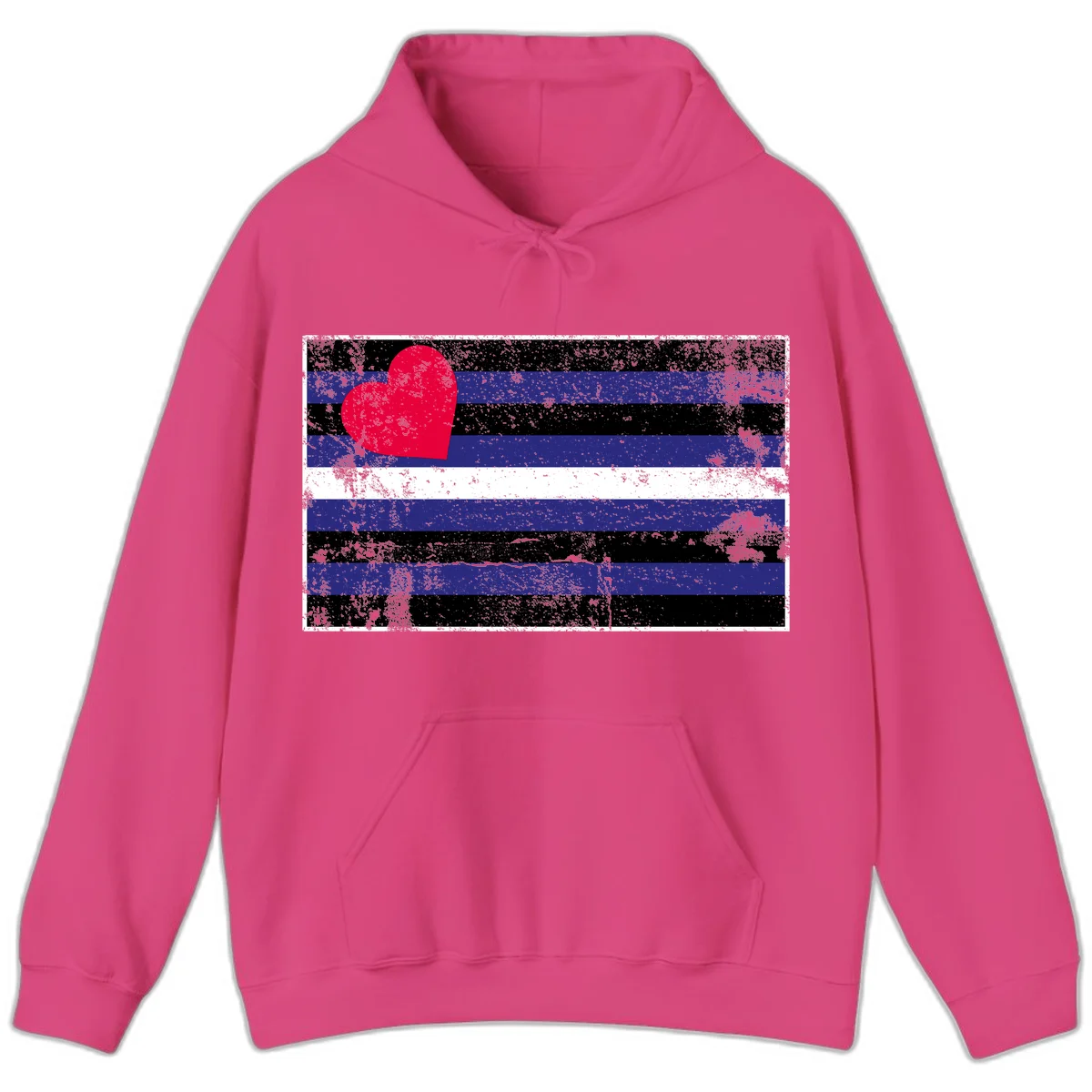 Red heart with blue, black, and white horizontal stripes in distressed grunge style pride design in Heliconia