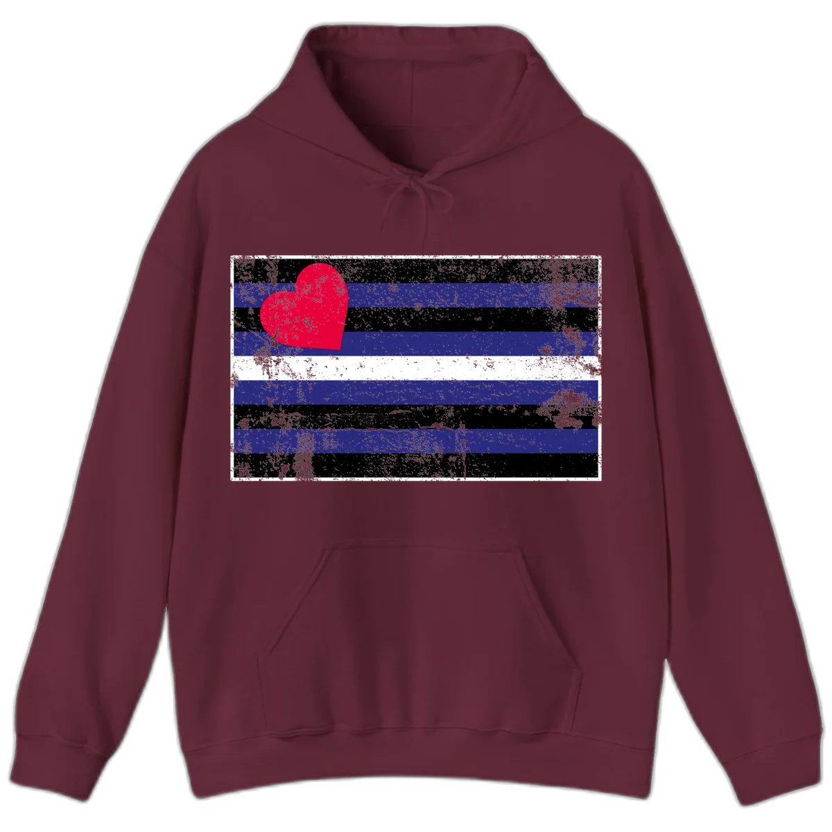 Red heart with blue, black, and white horizontal stripes in distressed grunge style pride design in Maroon