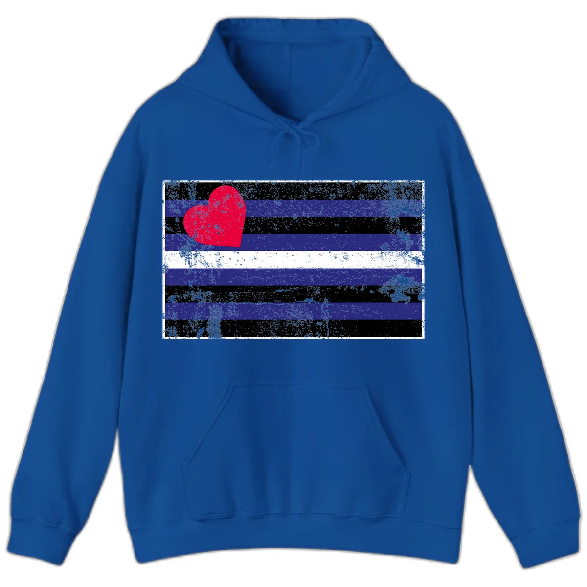 Red heart with blue, black, and white horizontal stripes in distressed grunge style pride design in Royal