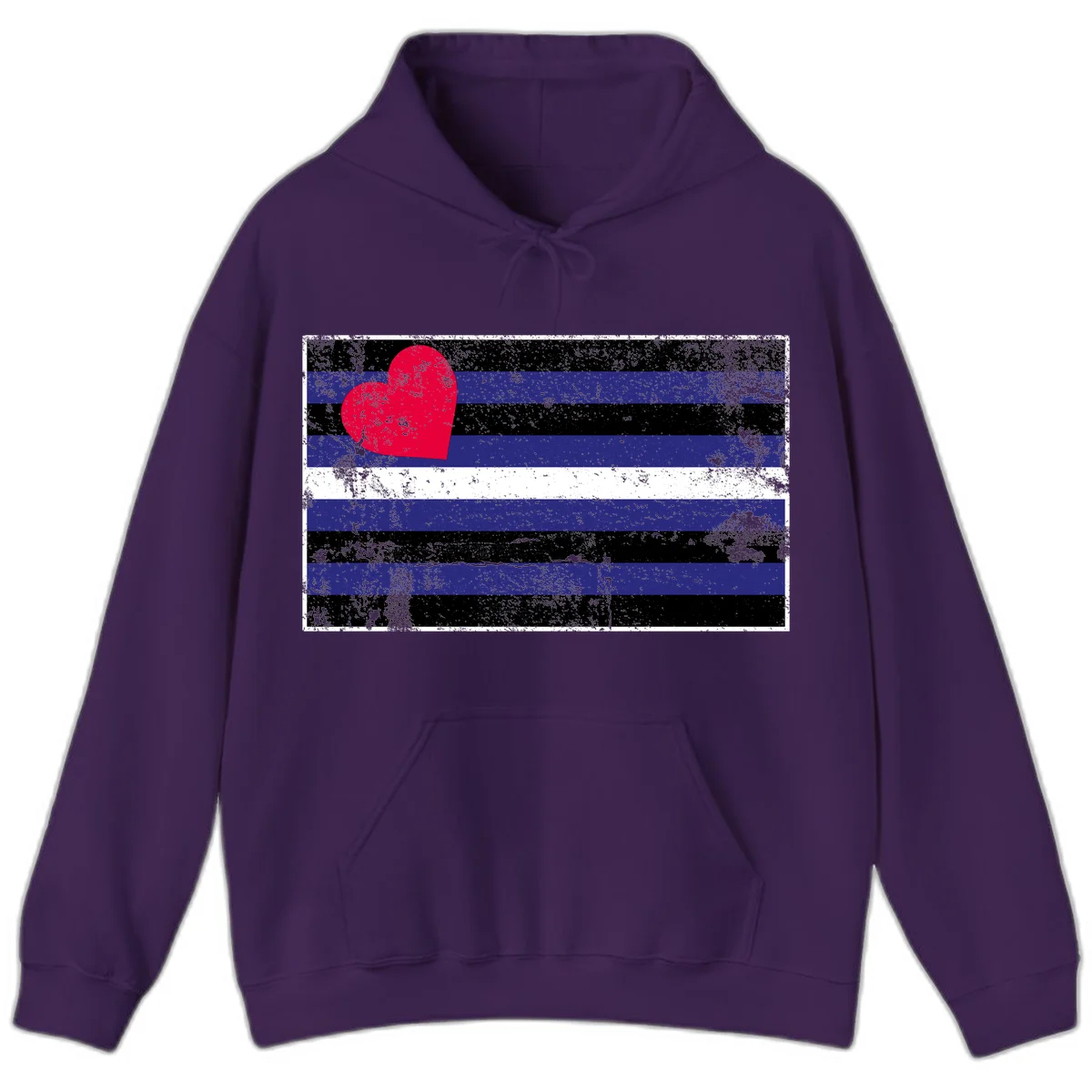 Red heart with blue, black, and white horizontal stripes in distressed grunge style pride design in Purple
