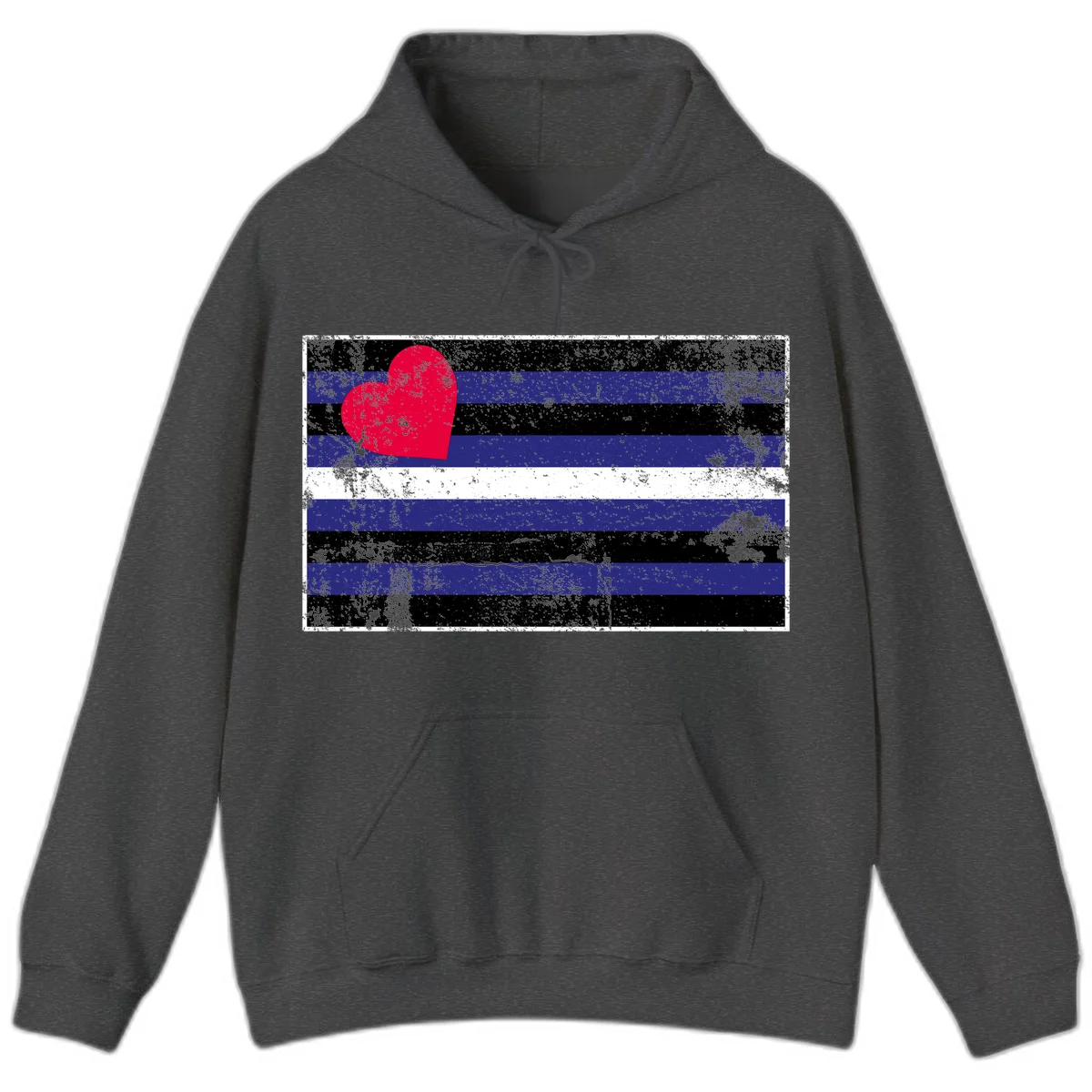 Red heart with blue, black, and white horizontal stripes in distressed grunge style pride design in Dark Heather
