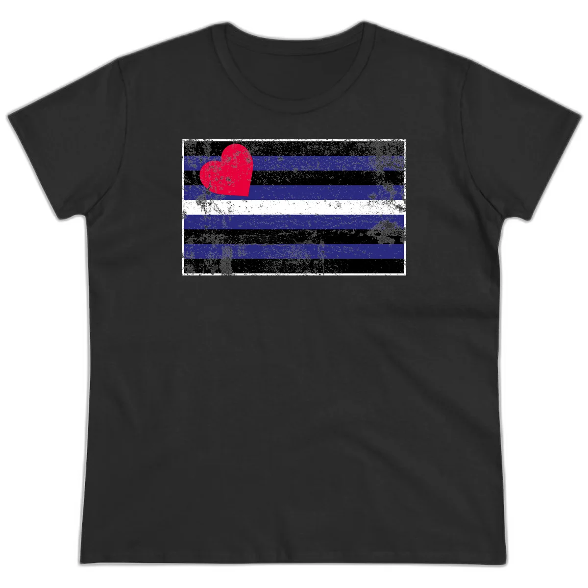 Red heart with blue, black, and white horizontal stripes in distressed grunge style pride design in Black