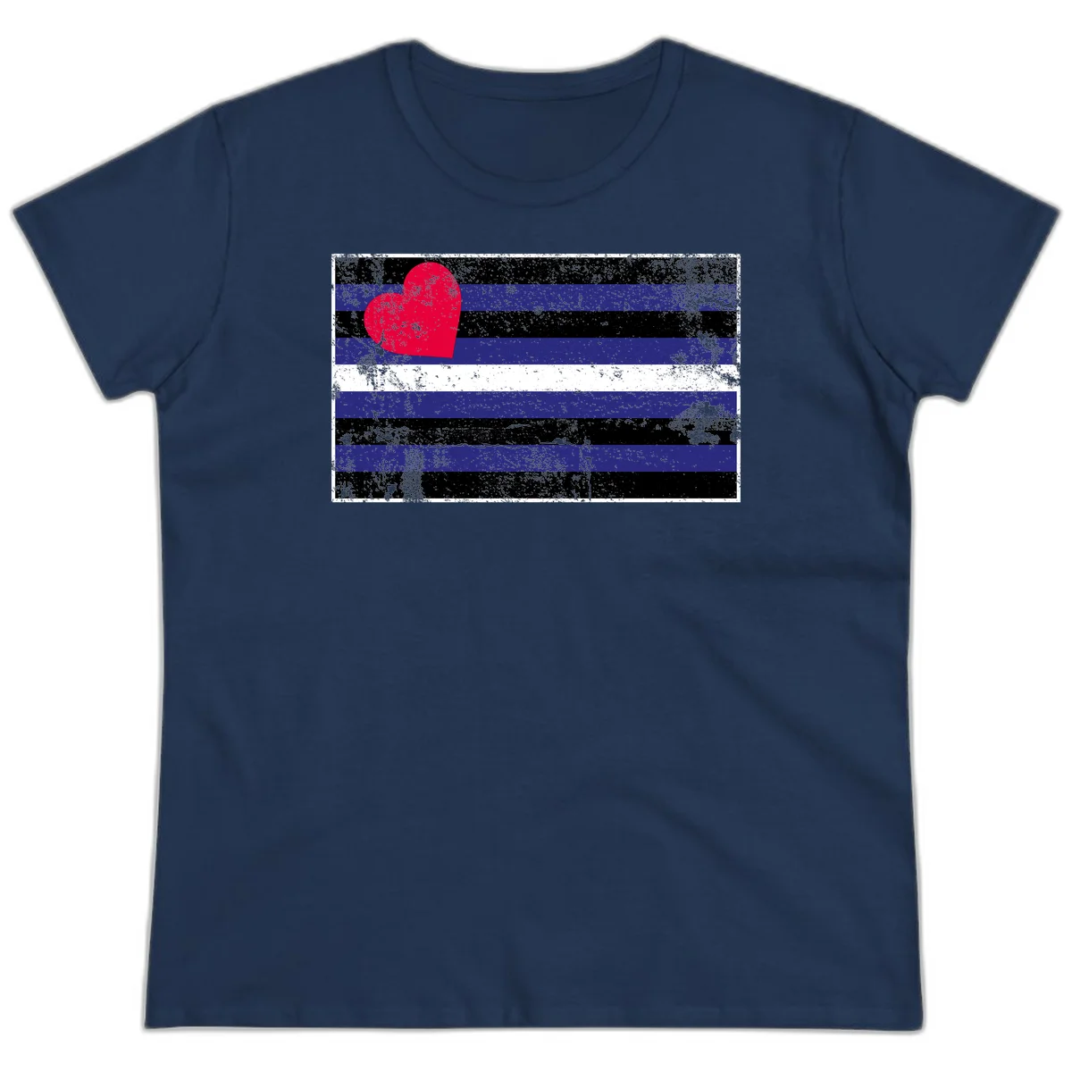 Red heart with blue, black, and white horizontal stripes in distressed grunge style pride design in Navy