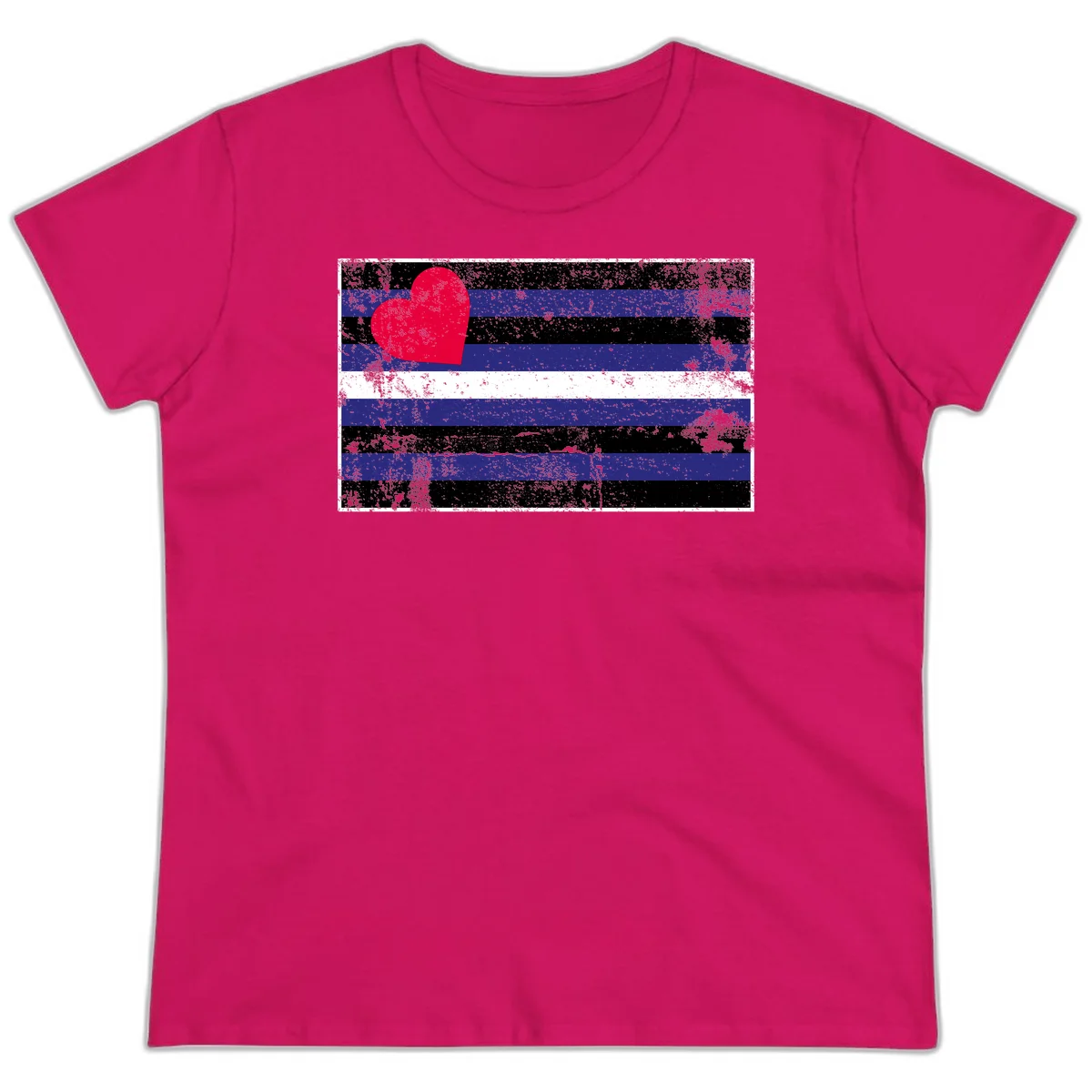 Red heart with blue, black, and white horizontal stripes in distressed grunge style pride design in Heliconia