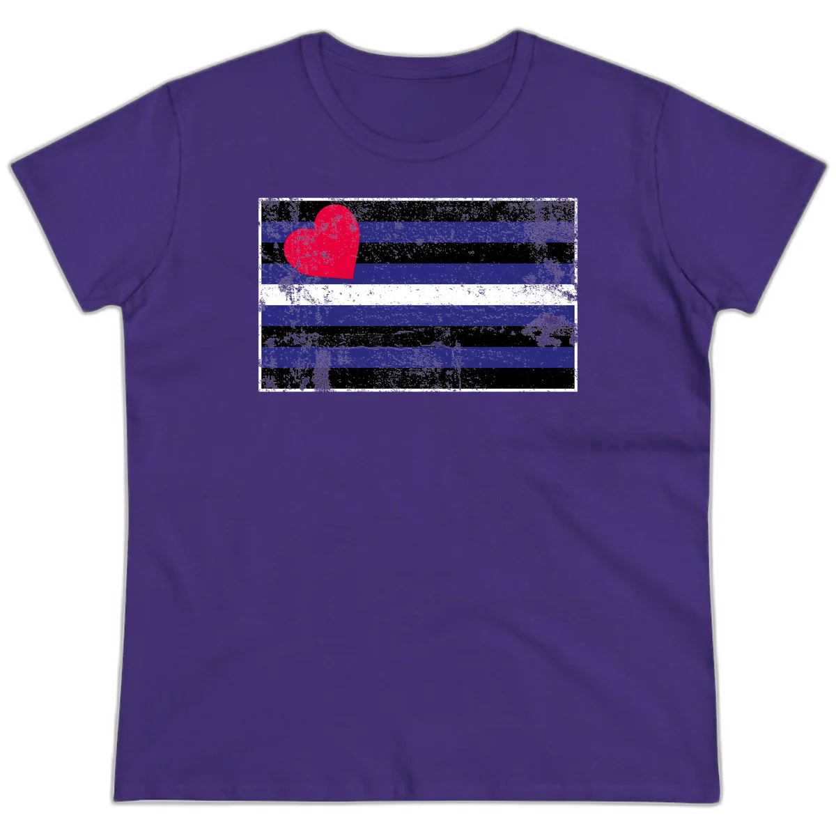 Red heart with blue, black, and white horizontal stripes in distressed grunge style pride design in Purple