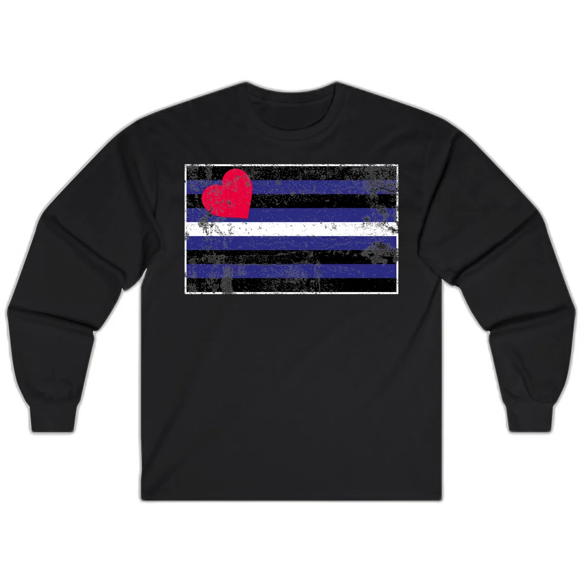 Red heart with blue, black, and white horizontal stripes in distressed grunge style pride design in Black