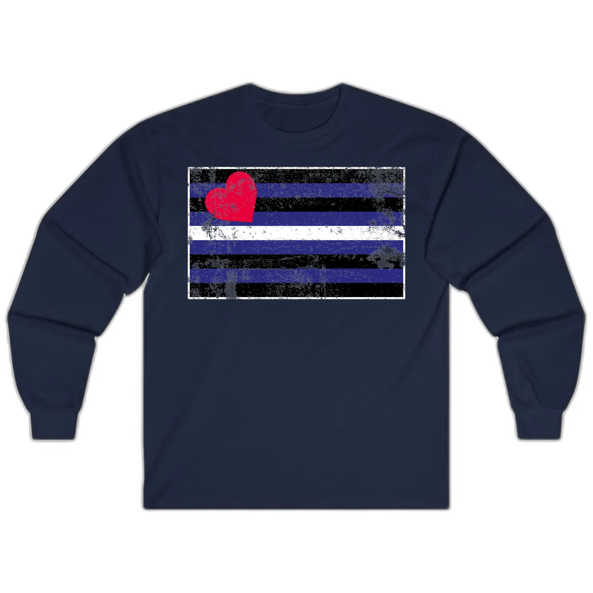 Red heart with blue, black, and white horizontal stripes in distressed grunge style pride design in Navy