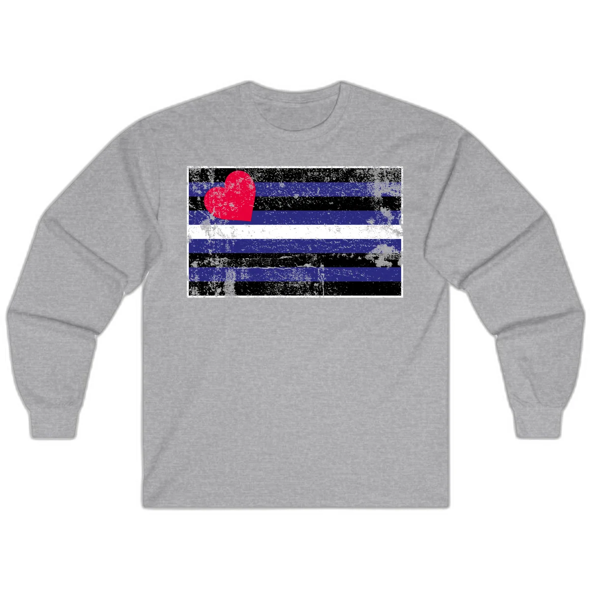 Red heart with blue, black, and white horizontal stripes in distressed grunge style pride design in Sport Grey