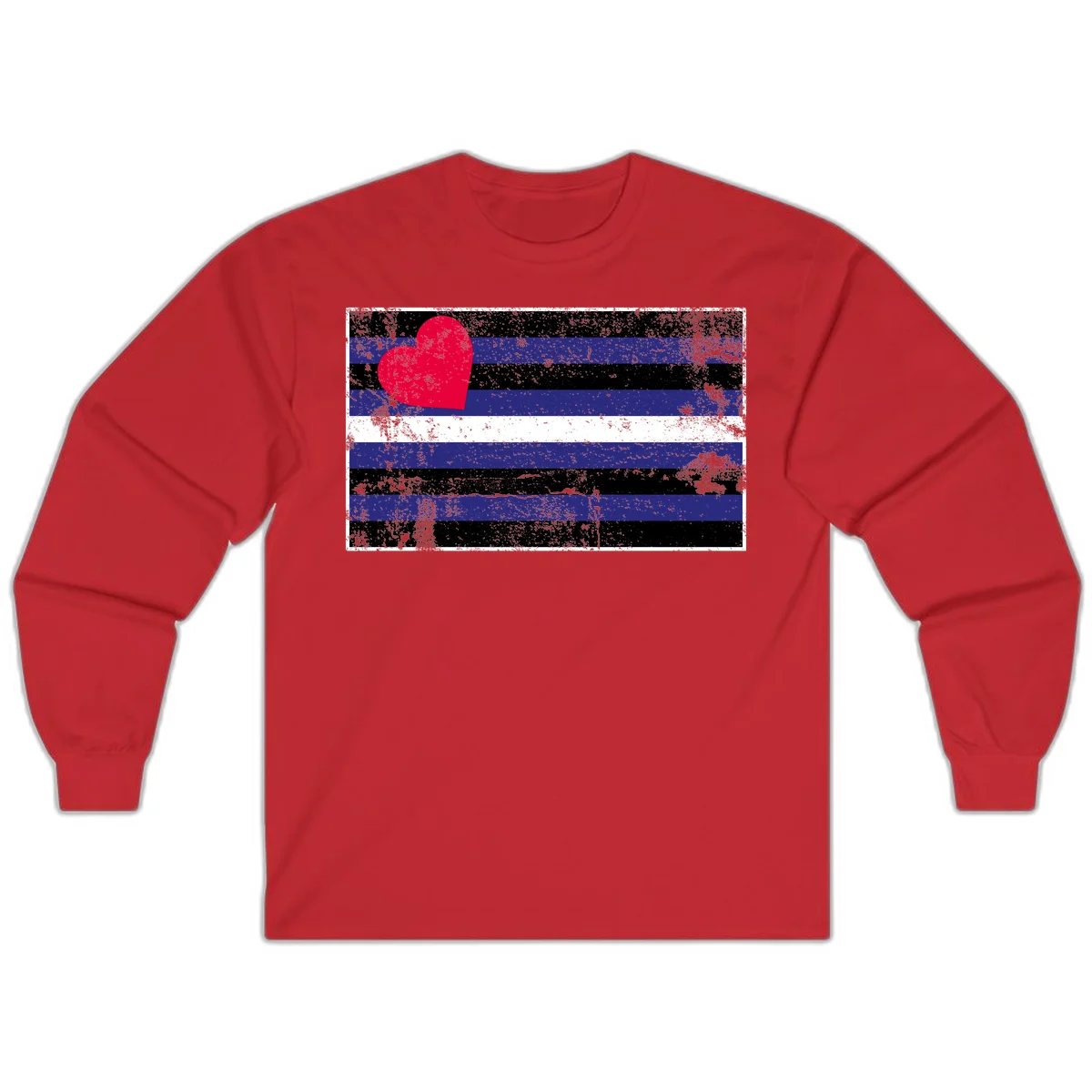 Red heart with blue, black, and white horizontal stripes in distressed grunge style pride design in Red