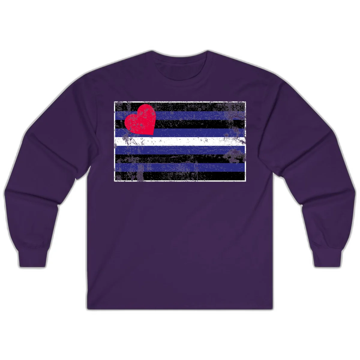 Red heart with blue, black, and white horizontal stripes in distressed grunge style pride design in Purple