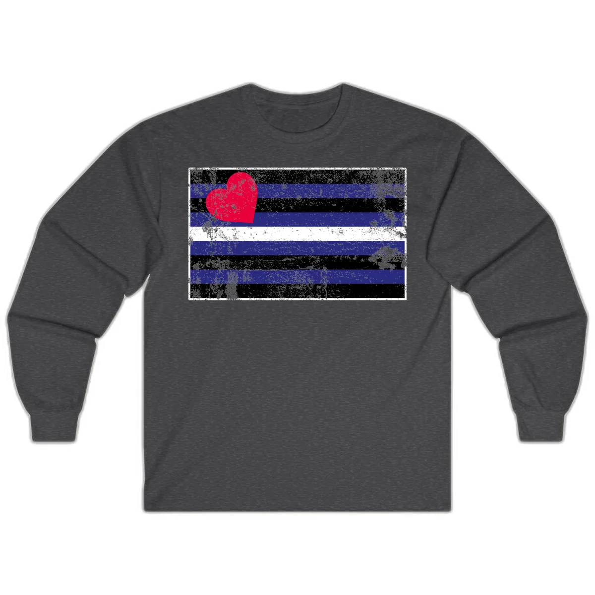 Red heart with blue, black, and white horizontal stripes in distressed grunge style pride design in Dark Heather