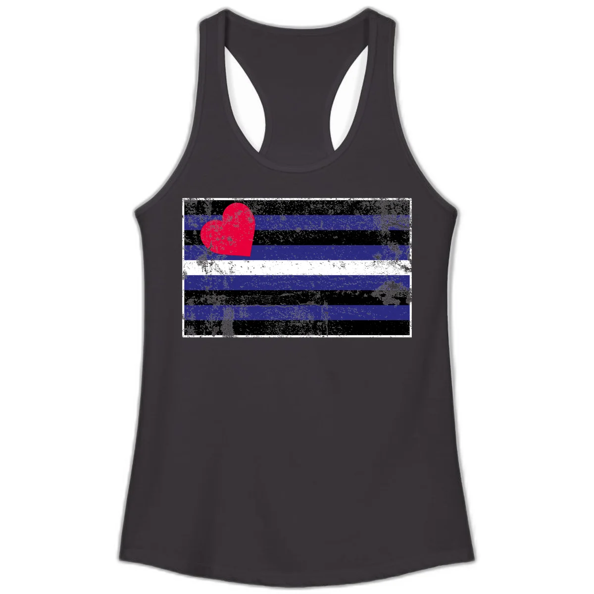 Red heart with blue, black, and white horizontal stripes in distressed grunge style pride design in Black