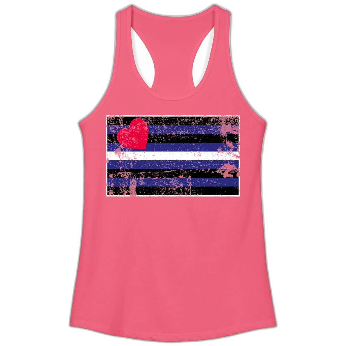 Red heart with blue, black, and white horizontal stripes in distressed grunge style pride design in Hot Pink
