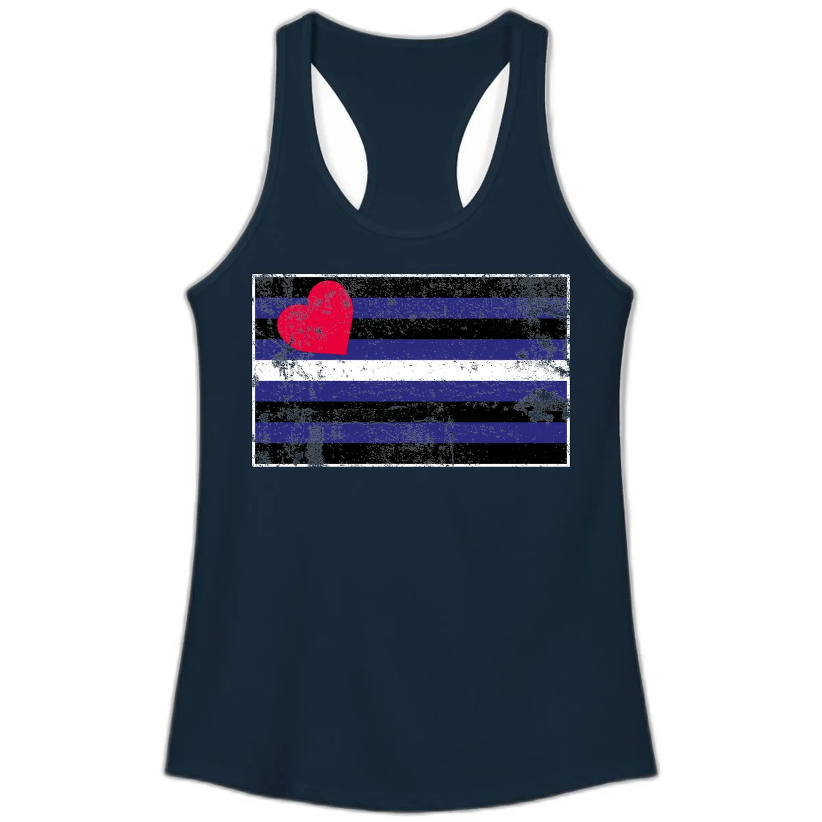 Red heart with blue, black, and white horizontal stripes in distressed grunge style pride design in Solid Midnight Navy