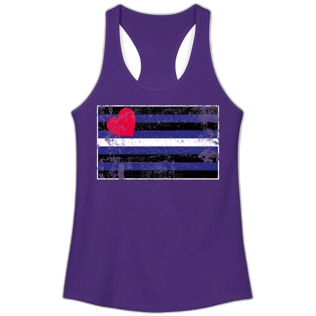 Red heart with blue, black, and white horizontal stripes in distressed grunge style pride design in Solid Purple Rush