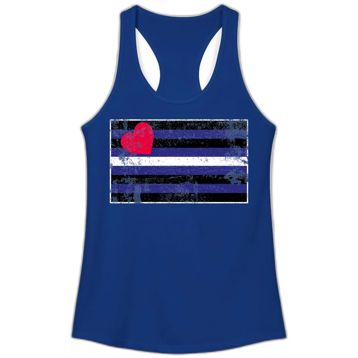 Red heart with blue, black, and white horizontal stripes in distressed grunge style pride design in Solid Royal