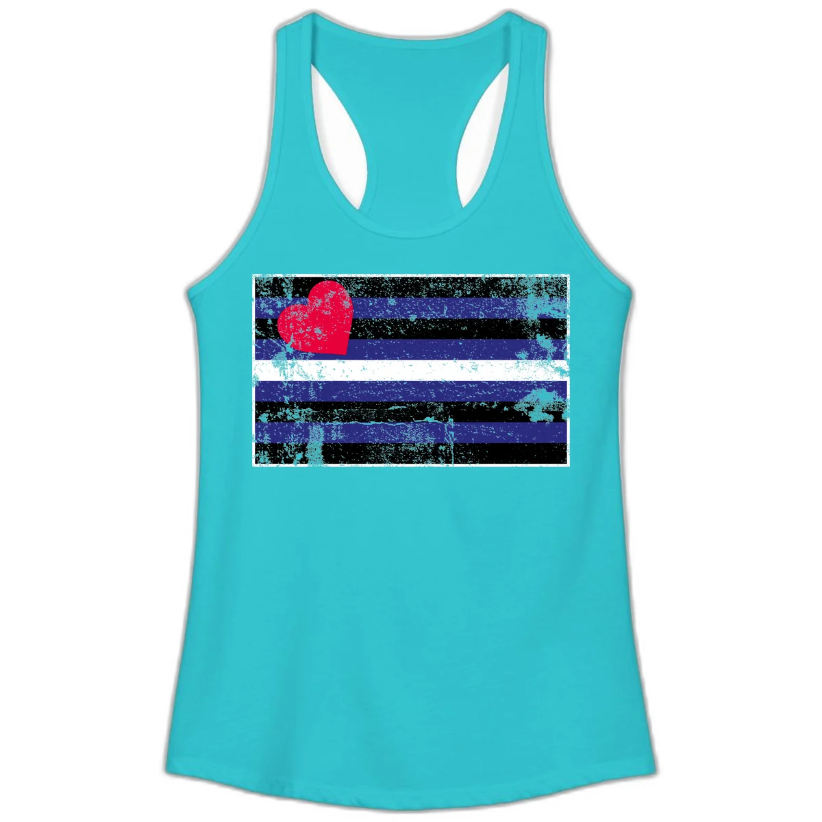 Red heart with blue, black, and white horizontal stripes in distressed grunge style pride design in Solid Tahiti Blue