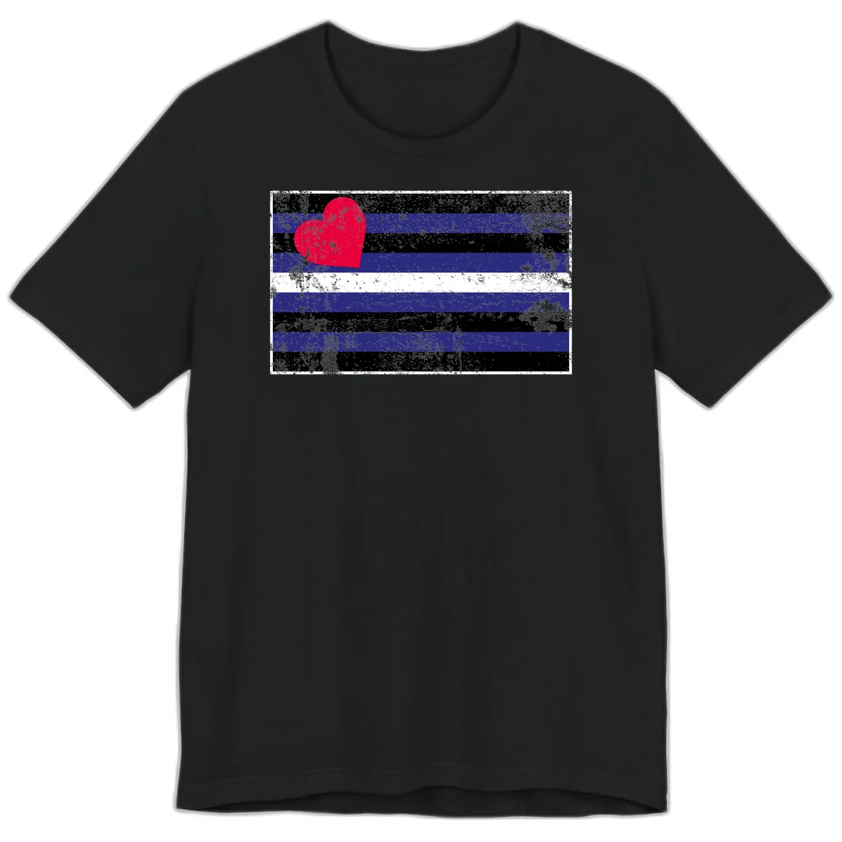 Red heart with blue, black, and white horizontal stripes in distressed grunge style pride design in Black