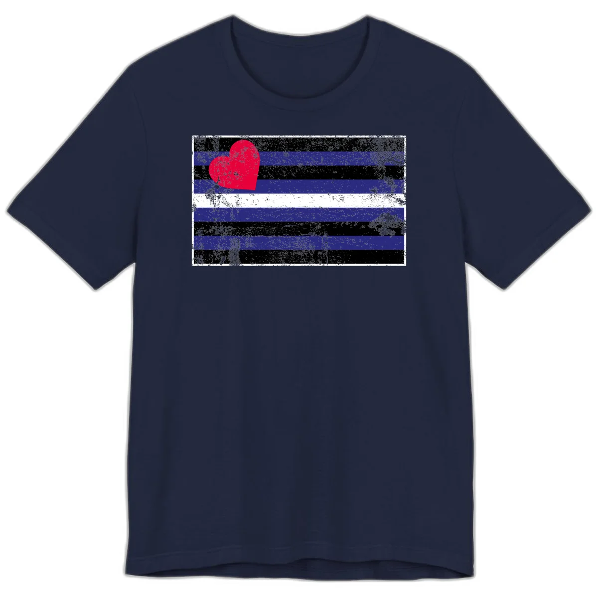 Red heart with blue, black, and white horizontal stripes in distressed grunge style pride design in Navy