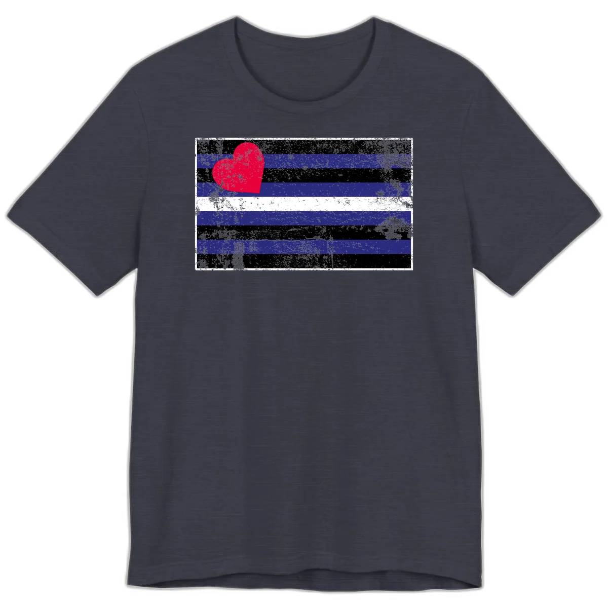 Red heart with blue, black, and white horizontal stripes in distressed grunge style pride design in Heather Midnight Navy