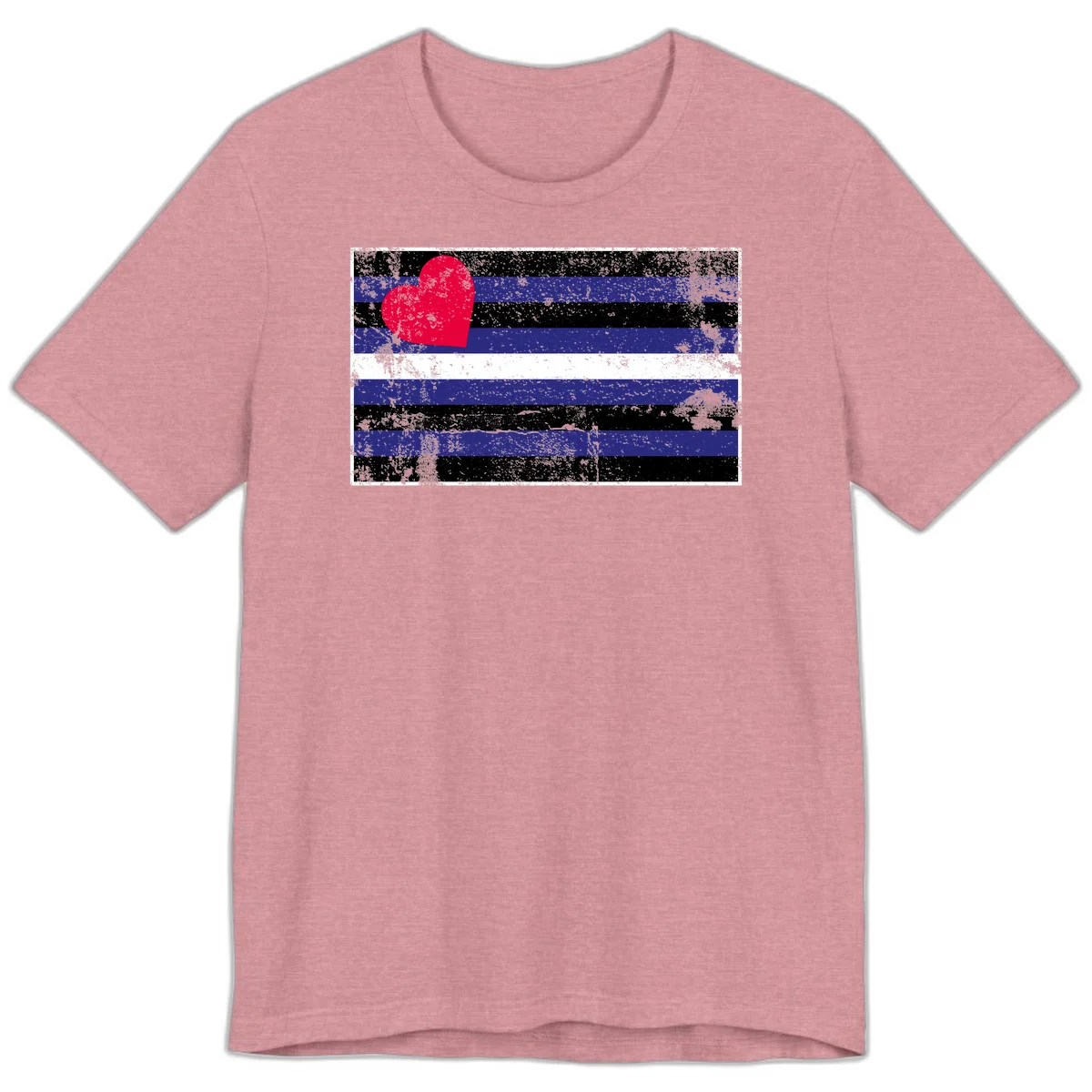 Red heart with blue, black, and white horizontal stripes in distressed grunge style pride design in Heather Orchid