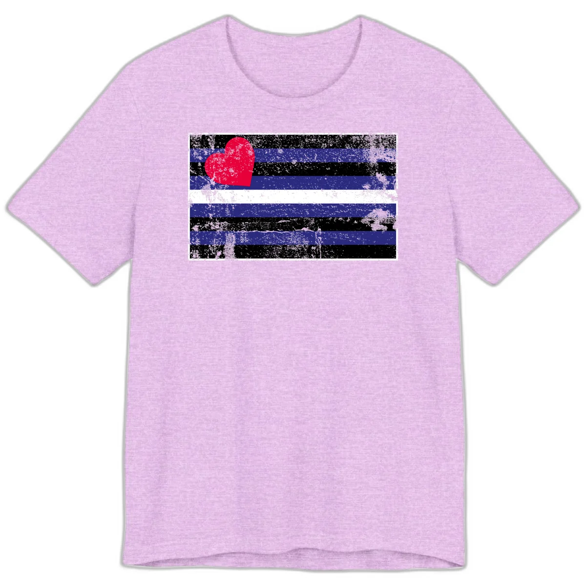 Red heart with blue, black, and white horizontal stripes in distressed grunge style pride design in Heather Prism Lilac