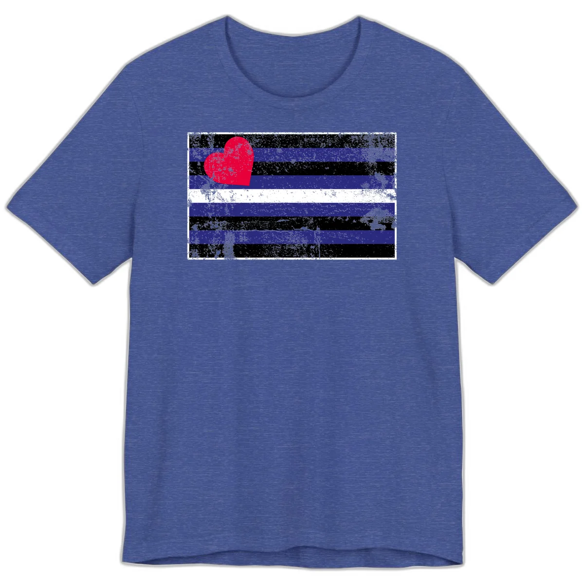 Red heart with blue, black, and white horizontal stripes in distressed grunge style pride design in Heather True Royal