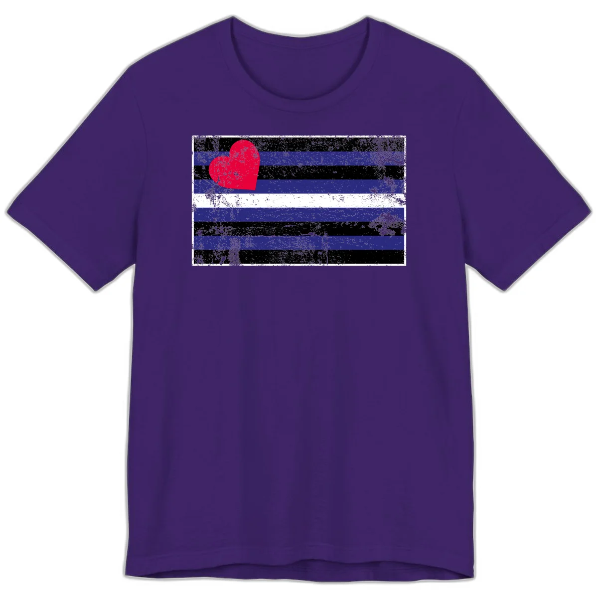 Red heart with blue, black, and white horizontal stripes in distressed grunge style pride design in Team Purple