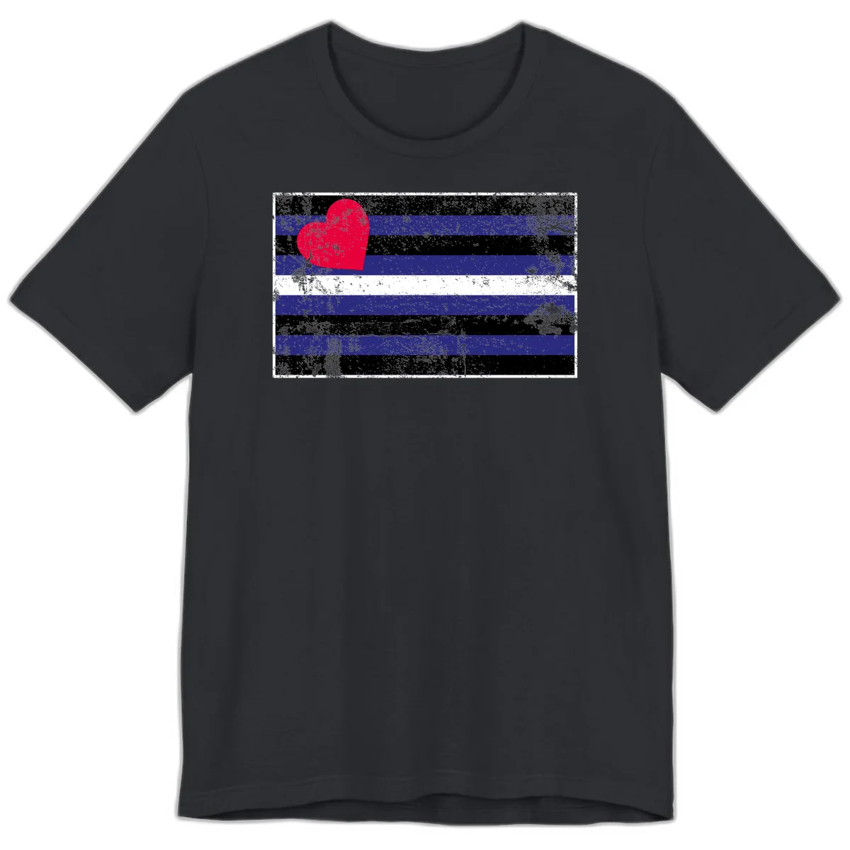 Red heart with blue, black, and white horizontal stripes in distressed grunge style pride design in Vintage Black
