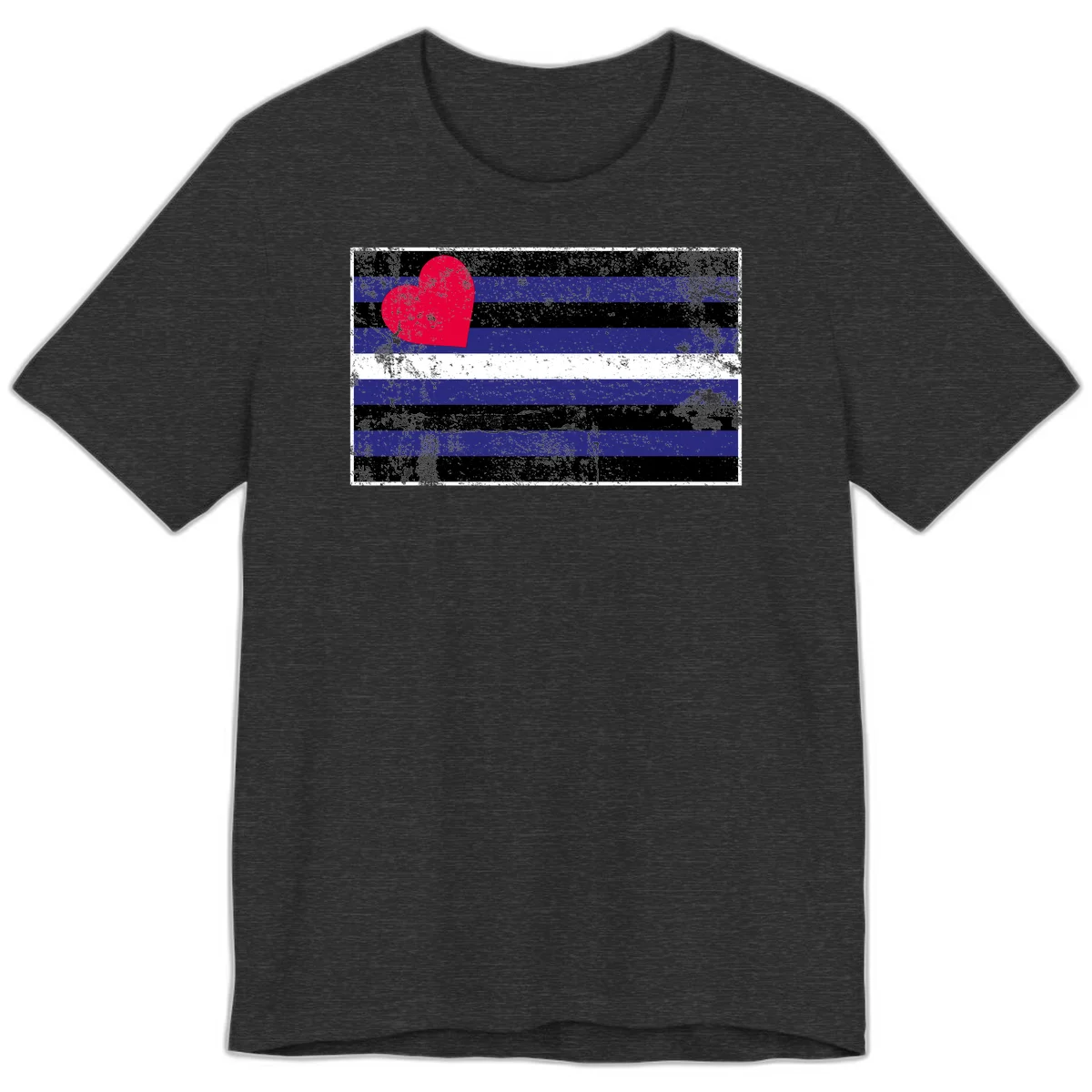 Red heart with blue, black, and white horizontal stripes in distressed grunge style pride design in Dark Grey Heather