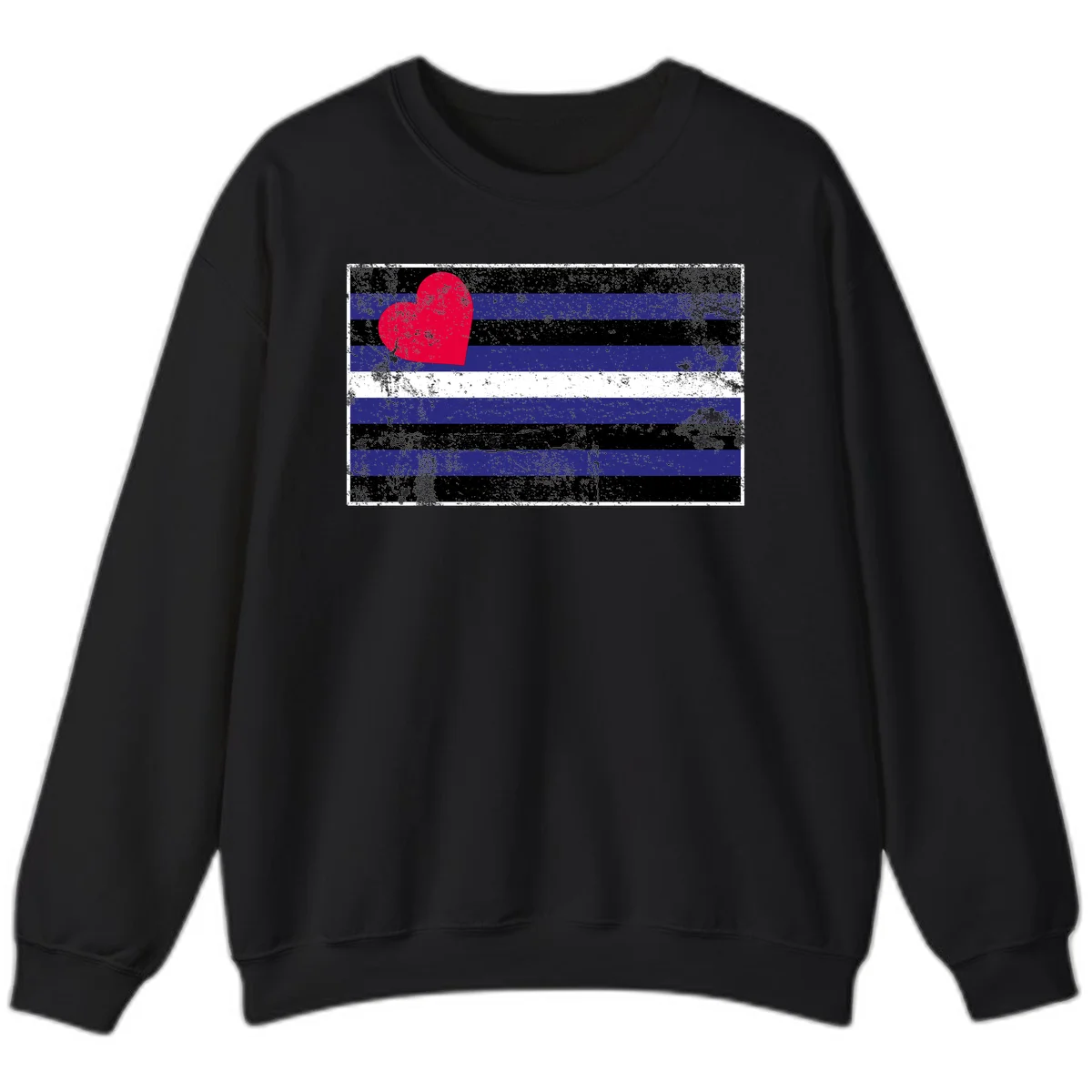 Red heart with blue, black, and white horizontal stripes in distressed grunge style pride design in Black