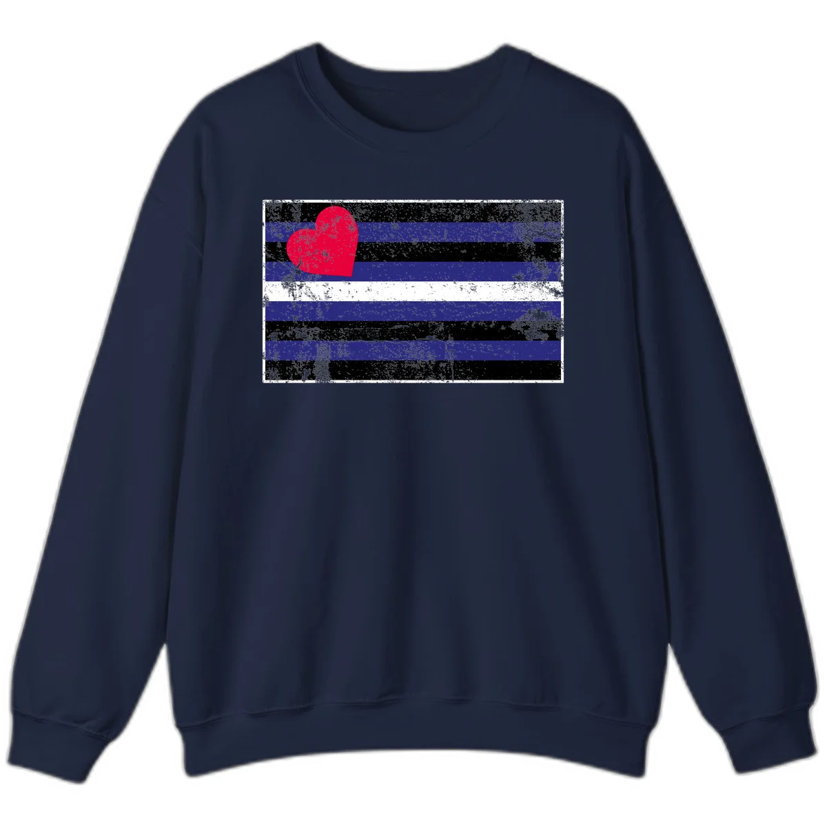 Red heart with blue, black, and white horizontal stripes in distressed grunge style pride design in Navy