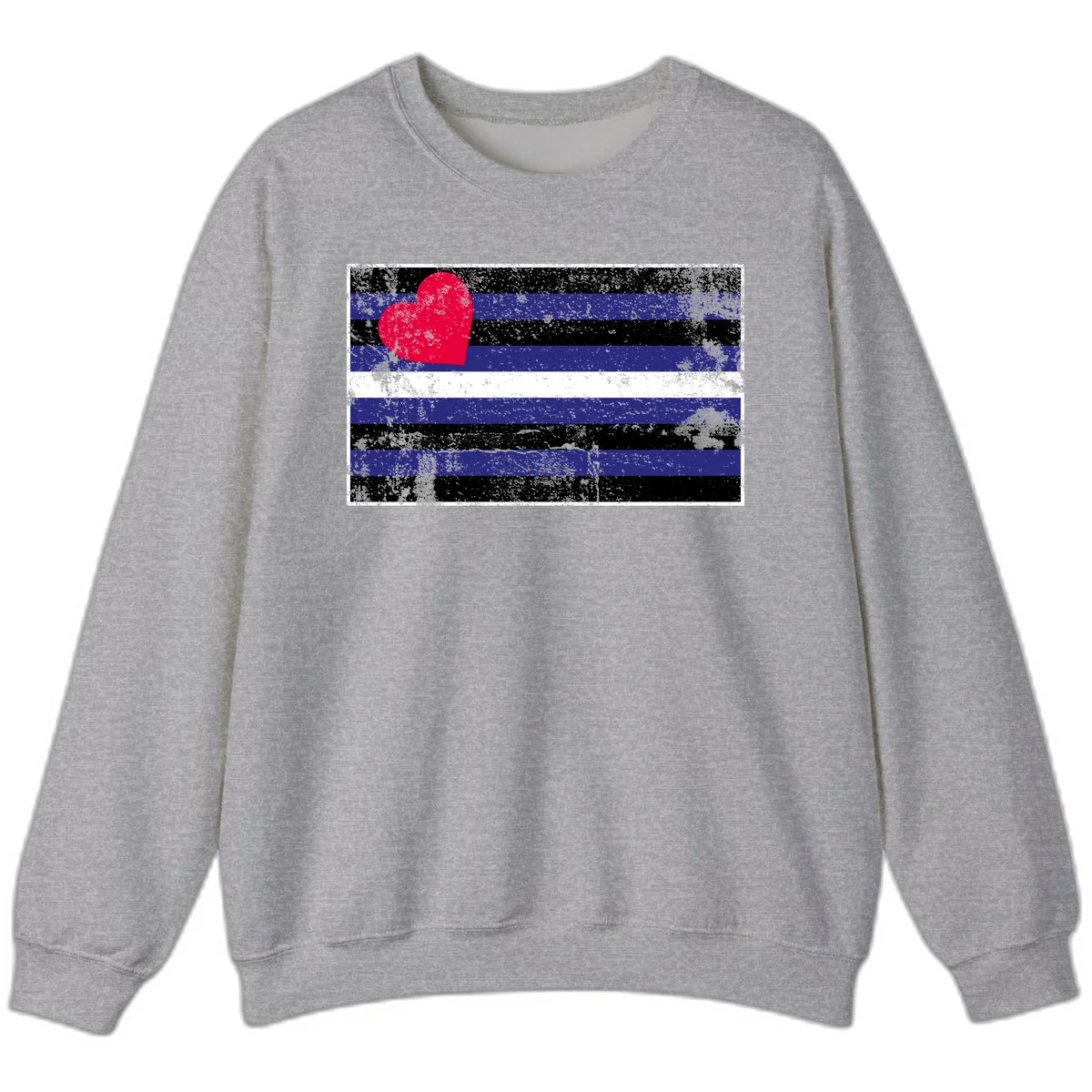 Red heart with blue, black, and white horizontal stripes in distressed grunge style pride design in Sport Grey