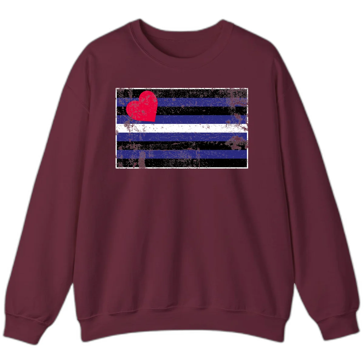 Red heart with blue, black, and white horizontal stripes in distressed grunge style pride design in Maroon