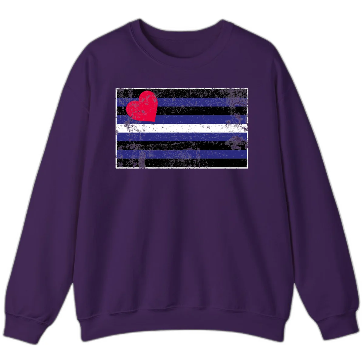 Red heart with blue, black, and white horizontal stripes in distressed grunge style pride design in Purple