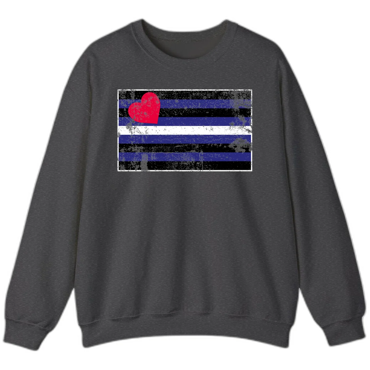 Red heart with blue, black, and white horizontal stripes in distressed grunge style pride design in Dark Heather
