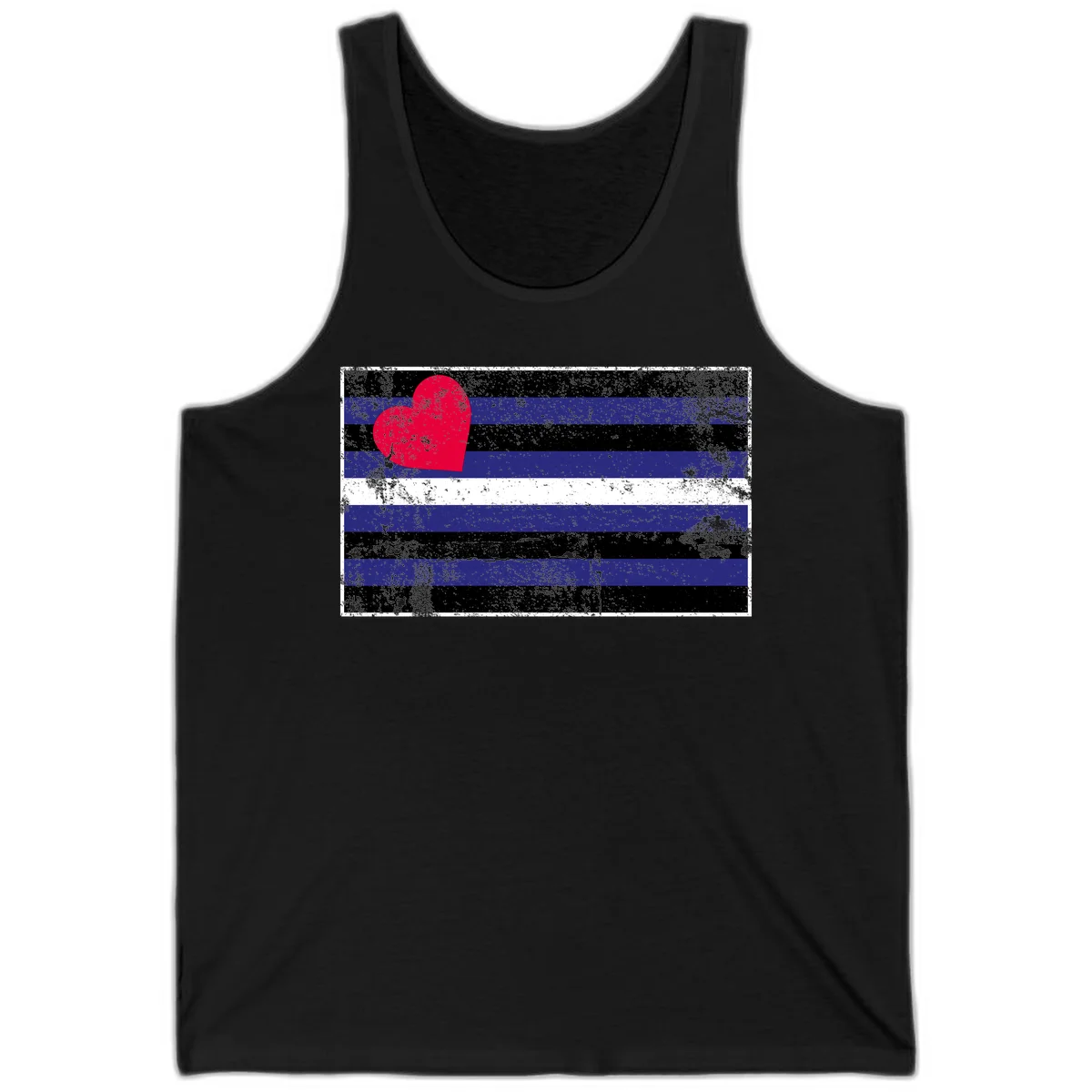 Red heart with blue, black, and white horizontal stripes in distressed grunge style pride design in Black
