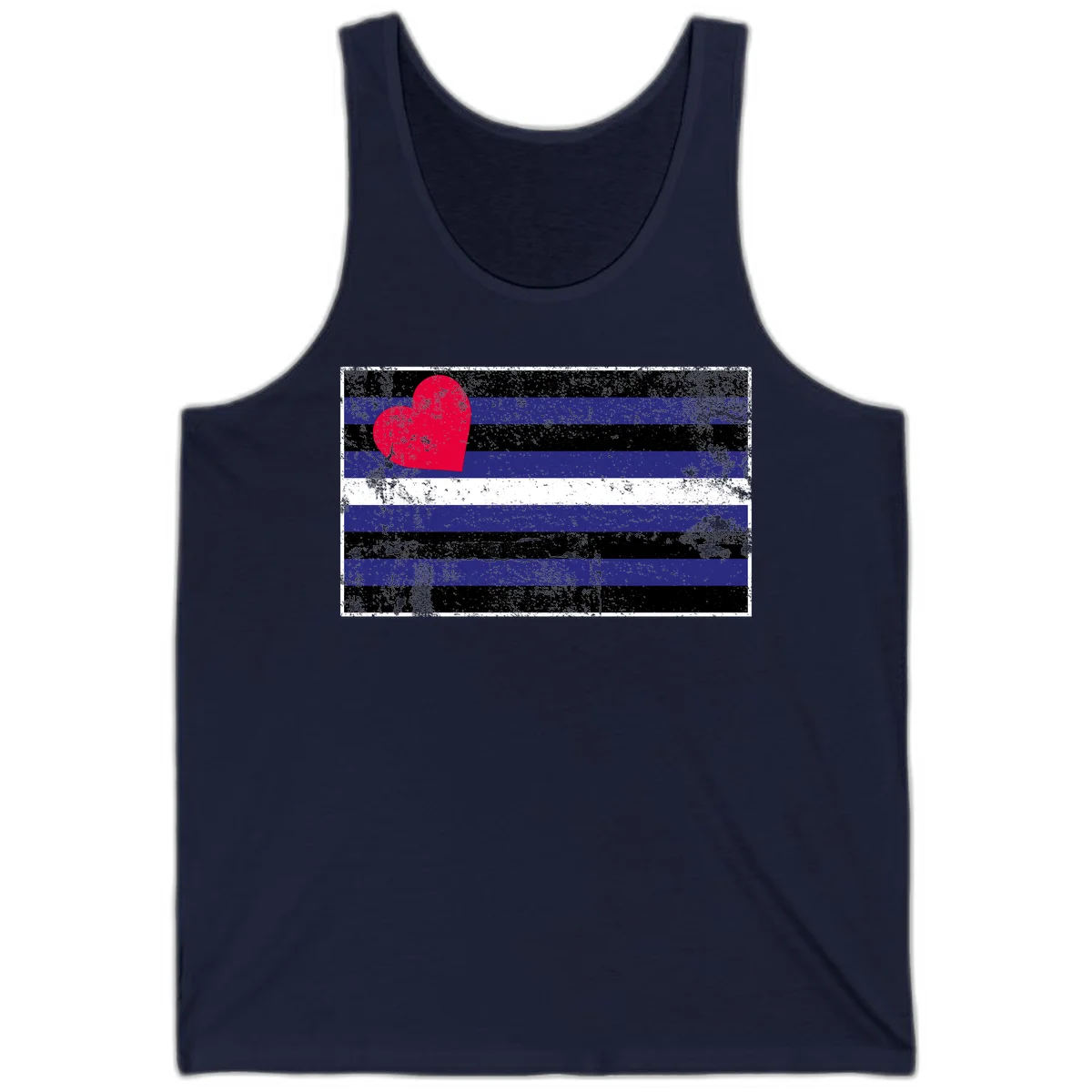 Red heart with blue, black, and white horizontal stripes in distressed grunge style pride design in Navy