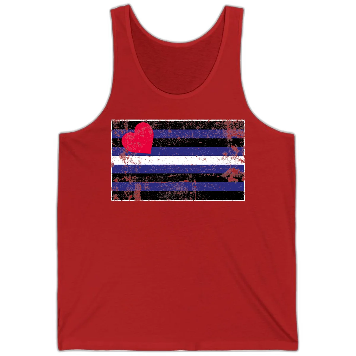 Red heart with blue, black, and white horizontal stripes in distressed grunge style pride design in Red