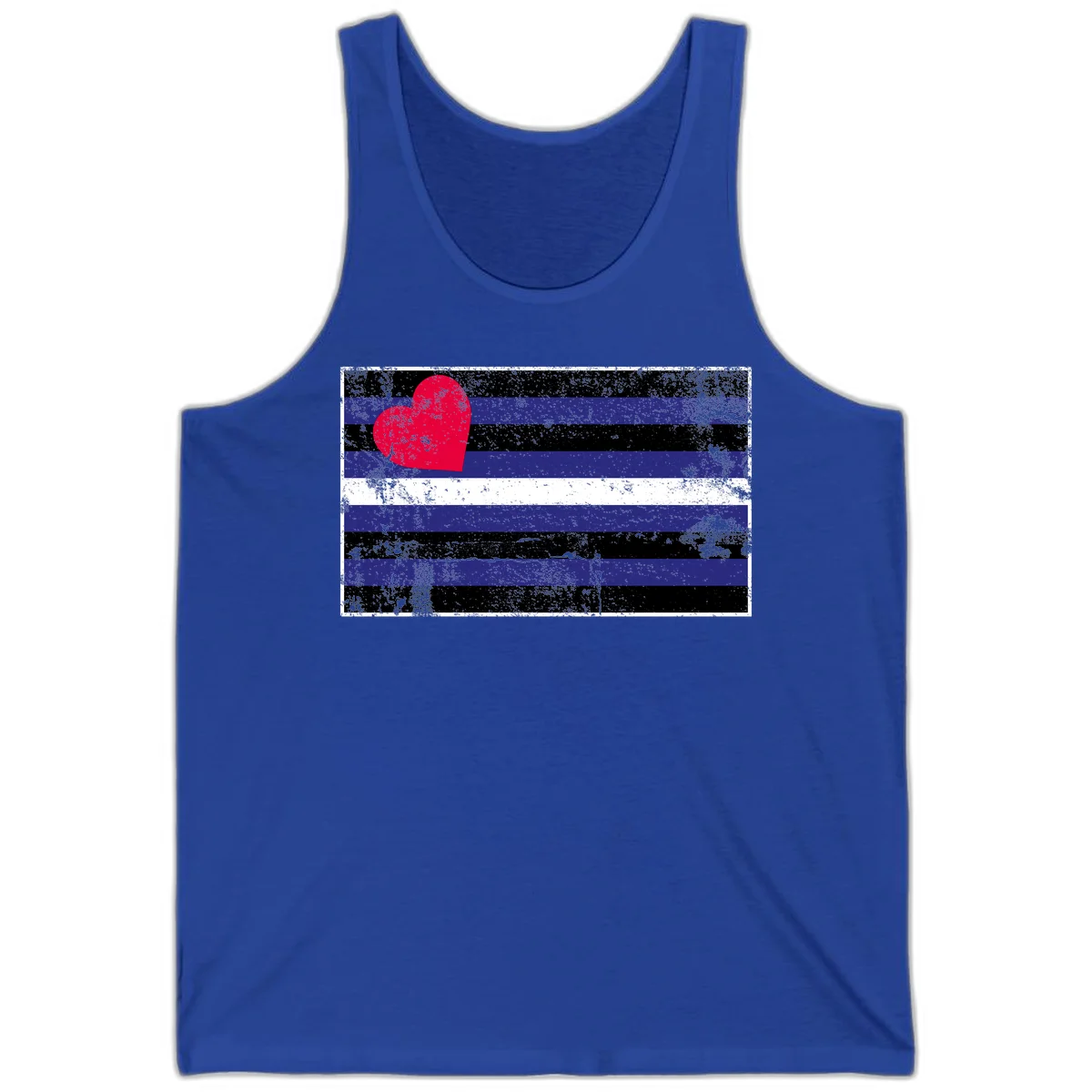 Red heart with blue, black, and white horizontal stripes in distressed grunge style pride design in True Royal