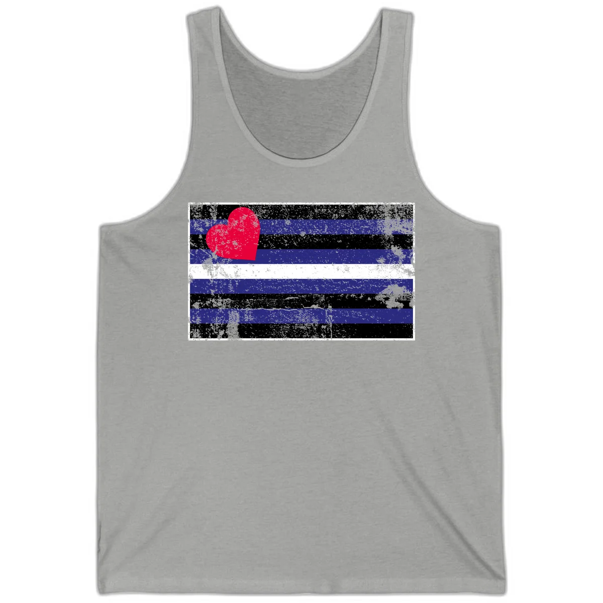 Red heart with blue, black, and white horizontal stripes in distressed grunge style pride design in Athletic Heather