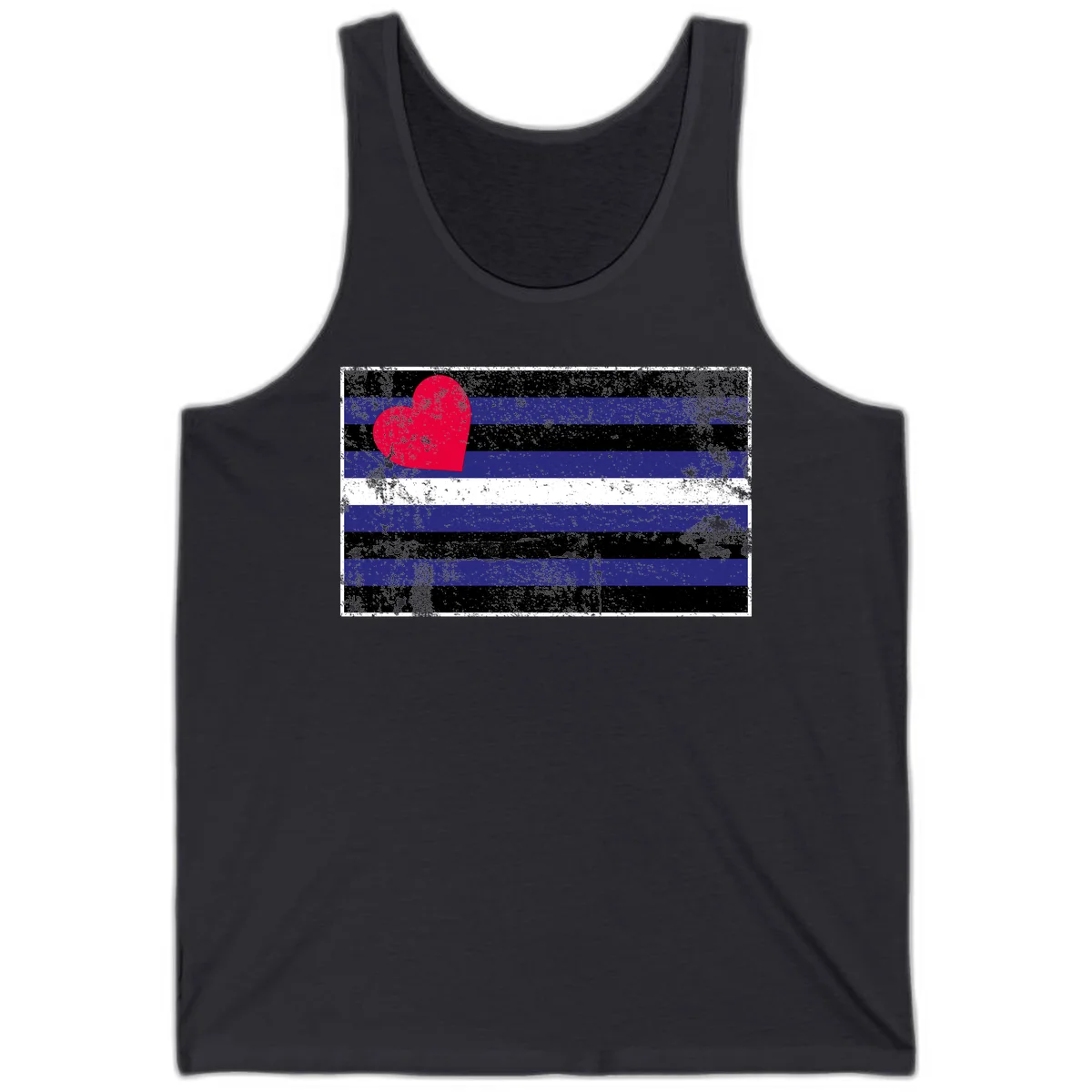Red heart with blue, black, and white horizontal stripes in distressed grunge style pride design in Dark Grey
