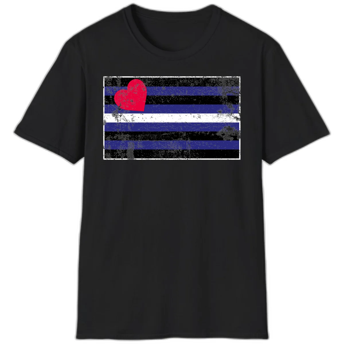 Red heart with blue, black, and white horizontal stripes in distressed grunge style pride design in Black