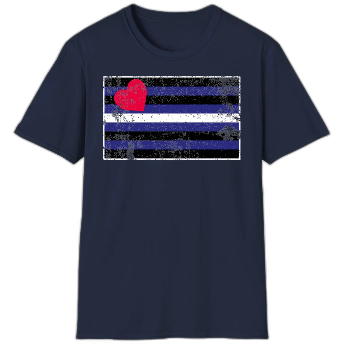 Red heart with blue, black, and white horizontal stripes in distressed grunge style pride design in Navy