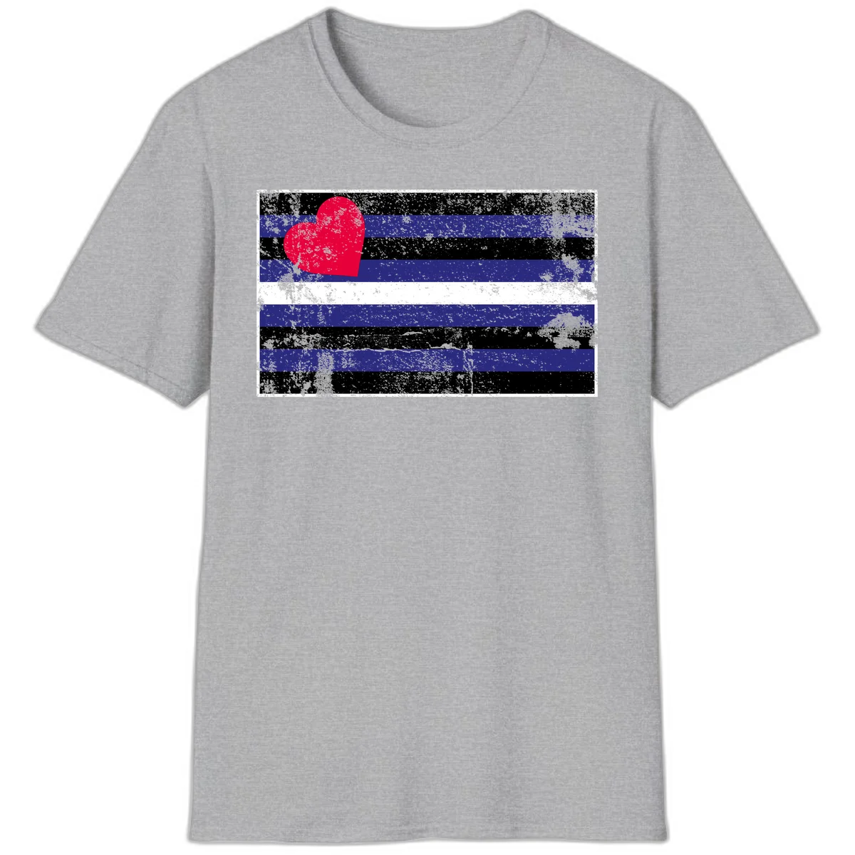 Red heart with blue, black, and white horizontal stripes in distressed grunge style pride design in Sport Grey
