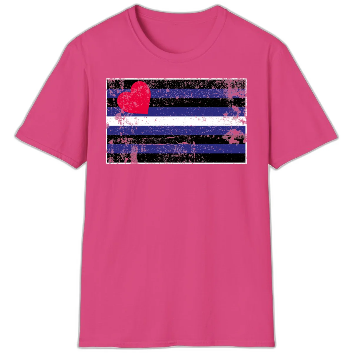 Red heart with blue, black, and white horizontal stripes in distressed grunge style pride design in Heliconia